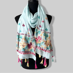 Floral Embroidered Lightweight Rectangle Scarf  With Tassels